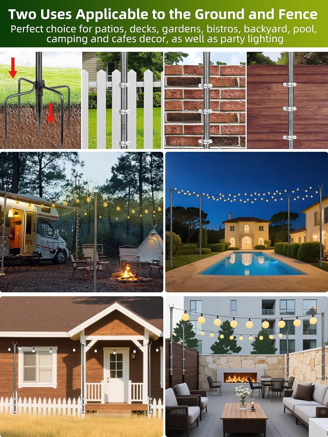 4 Pack 10ft Outdoor String Light Poles for Outside and Deck - Ideal for Patio, Garden, Yard, Front Porch Decorations, Frosted Silver