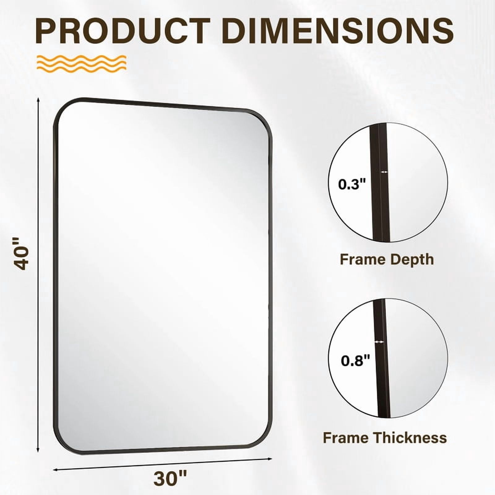 Easy4Home 40"x30" Rectangular Bathroom Mirror Hanging Rounded Corners Vanity Mirror Wall Mounted, Black