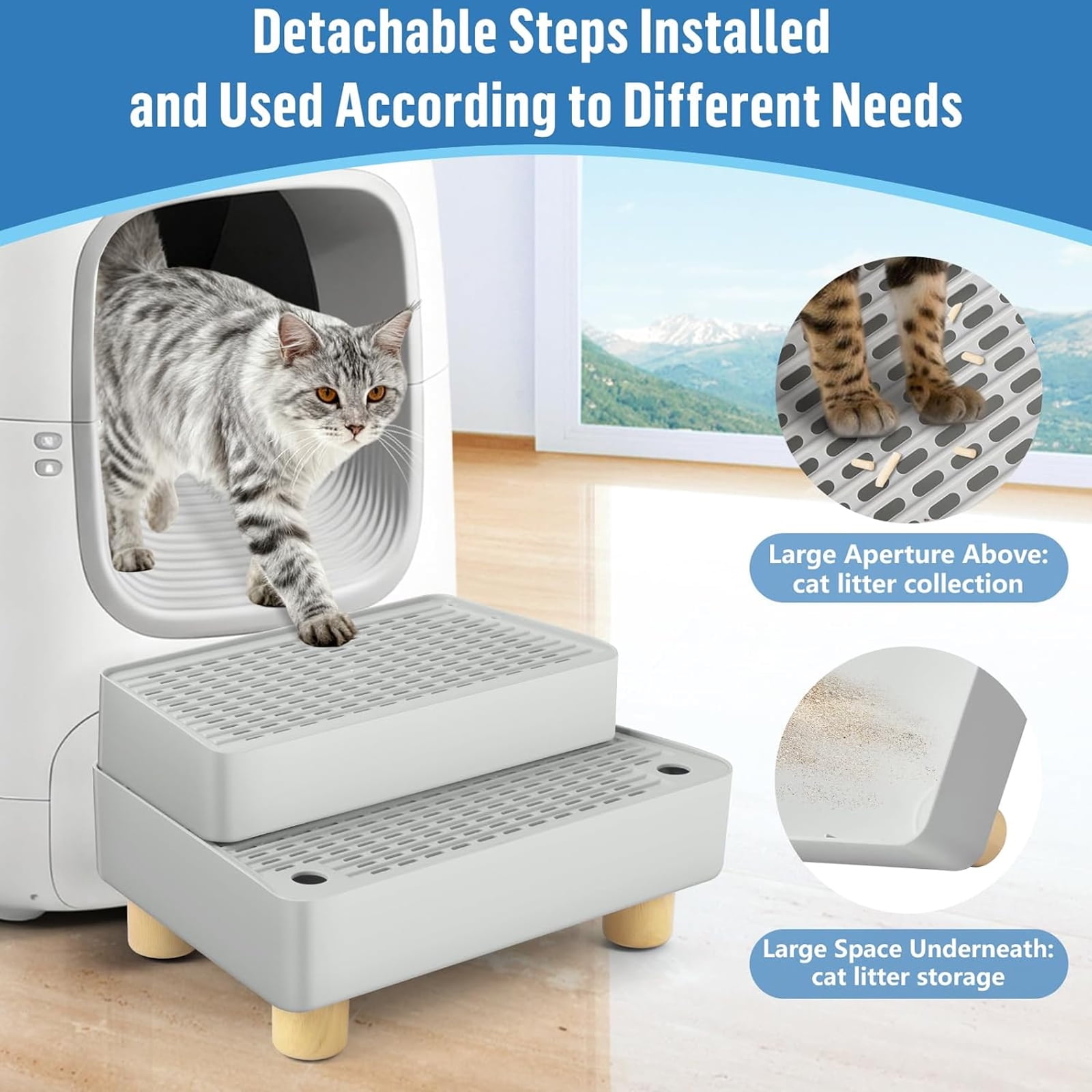 Petyoung Cat Litter Box Step,Cat Litter Catcher Mat with Wooden Feet, Filter Function, for Kitten & Elderly Cats (Light Grey)