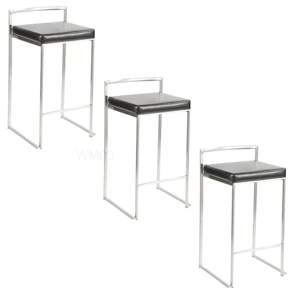 Modern Stackable Counter Stools Set of 3, 26 Inch Bar Stools with Black Faux Leather Seat and Stainless Steel Legs
