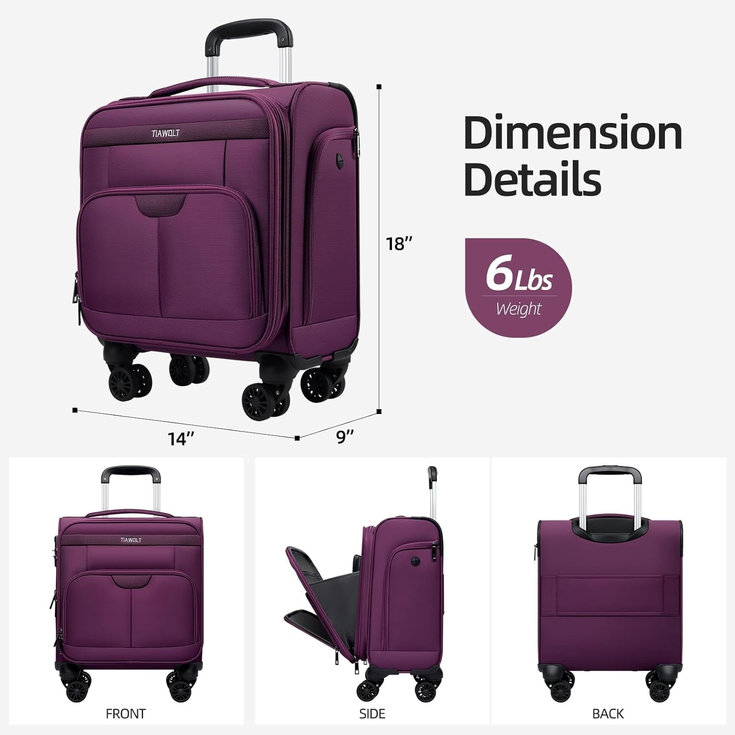 TIAWOLT Underseater Carry-On Luggage Airline Approved with Spinner Wheels, 16 Inch Luggage with TSA Lock, Overnight Rolling Softside Suitcases for Women,Purple