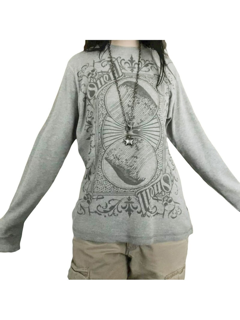 Grunge Gothic Kleding Voor Vrouwen Grafische Tees Y2k Fairy Lange Mouw Tops 2000 Baggy T-shirts Emo Esthetische Kleding, grijs-1, S