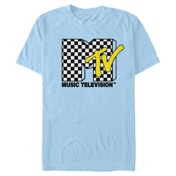 Men's MTV Checker Black and White Logo  Graphic Tee Light Blue Small