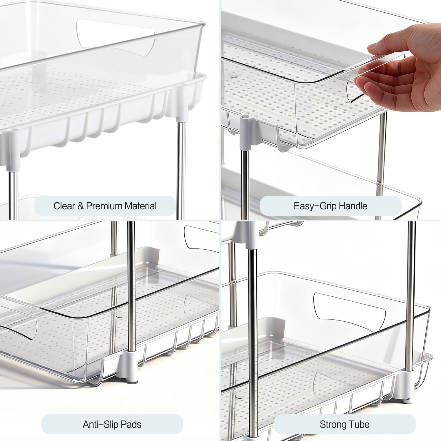 4 Pack Bathroom Organizer, 2 Tier Under Sink Organizers Vanity Countertop Storage Container, Kitchen Cabinet Drawers Bins, Pull-Out Organization for Pantry, Spice, White & Clear