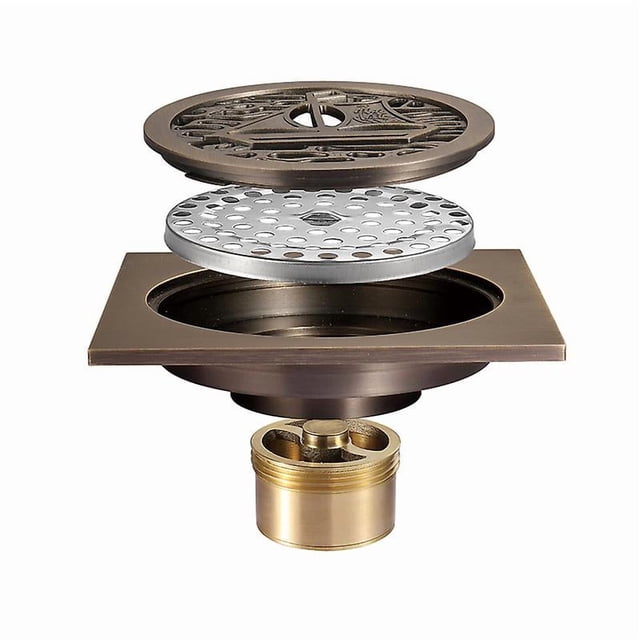 Bronze Bathroom Floor Drain - Antique Unique Square Shower Floor Drain, Carved Flower Toilet Garden Floor Drain 10 10cm
