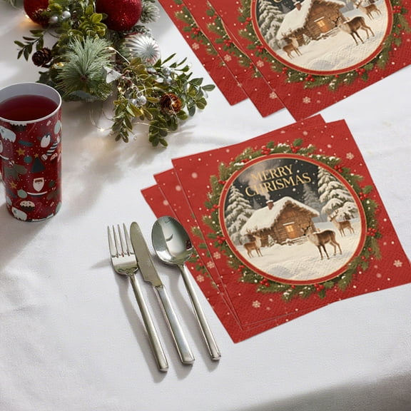 16-Pack Disposable Christmas Napkins, Vintage Reindeer Pattern Paper Napkins for Holiday Party Tableware, Christmas Tree Dinner Supplies(A)