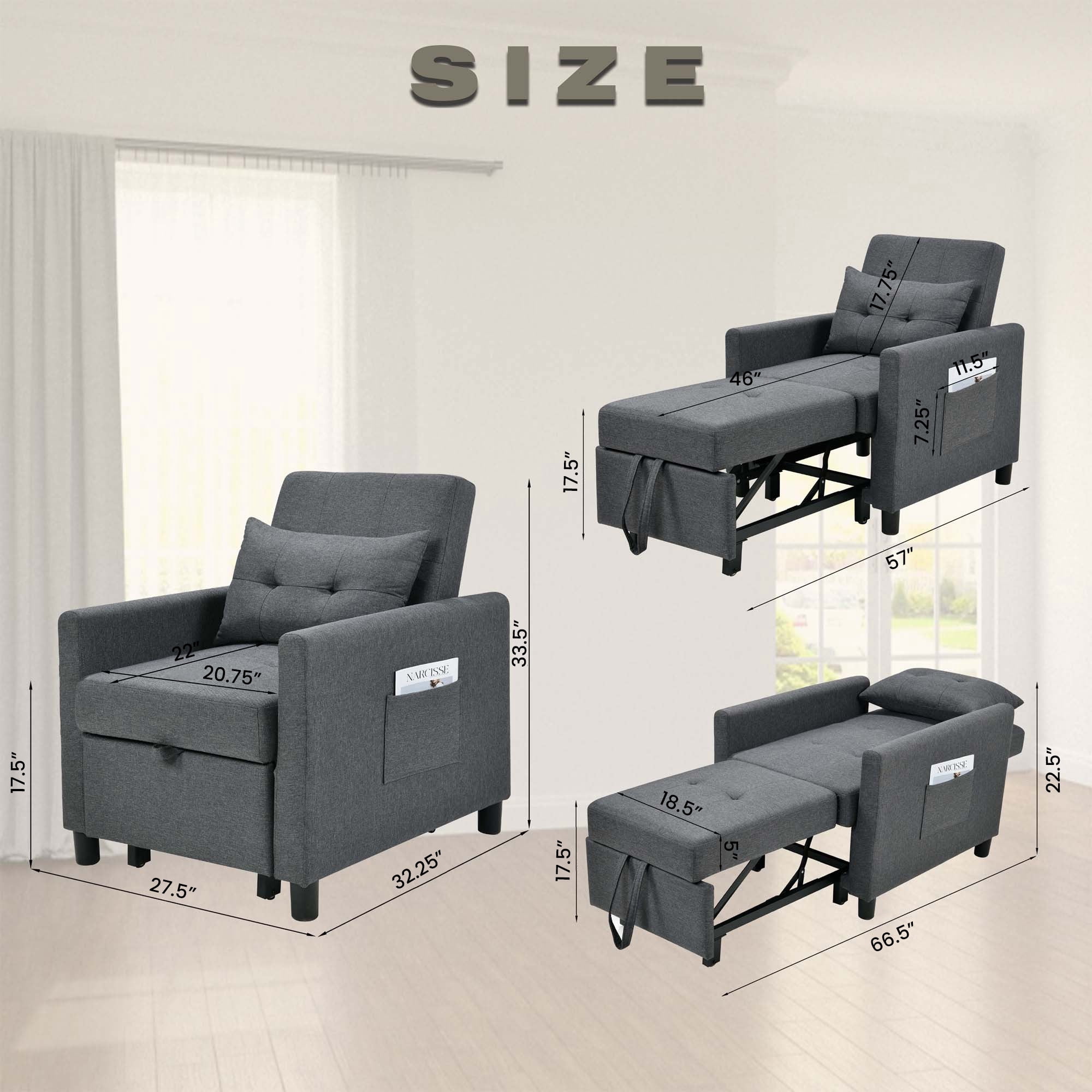 Aukfa Single Sofa Bed with Pull Out Sleeper, Convertible Futon Chair with Pocket for Living Room/Small Space - Dark Gray