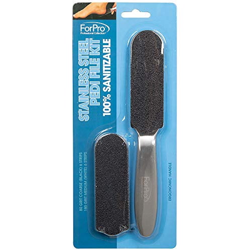 ForPro Professional Collection Stainless Steel Pedi File Kit, 100% Sanitizable Pedicure File for Heels and Feet, Includes Twelve 80/180 Grit Refill Strips, 8.5? L