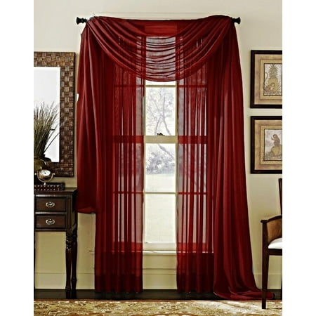Decotex 3 Piece Sheer Voile Curtain Panel Drape Set Includes 2 Panels and 1 Scarf (108" Length, Burgundy)