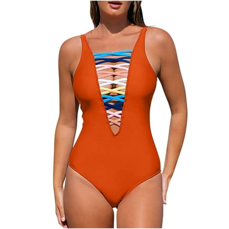 TrendVibe365 Ladies Swimsuits One Piece Orange Bathing Suits Thong Solid Swimwear Beachwear L