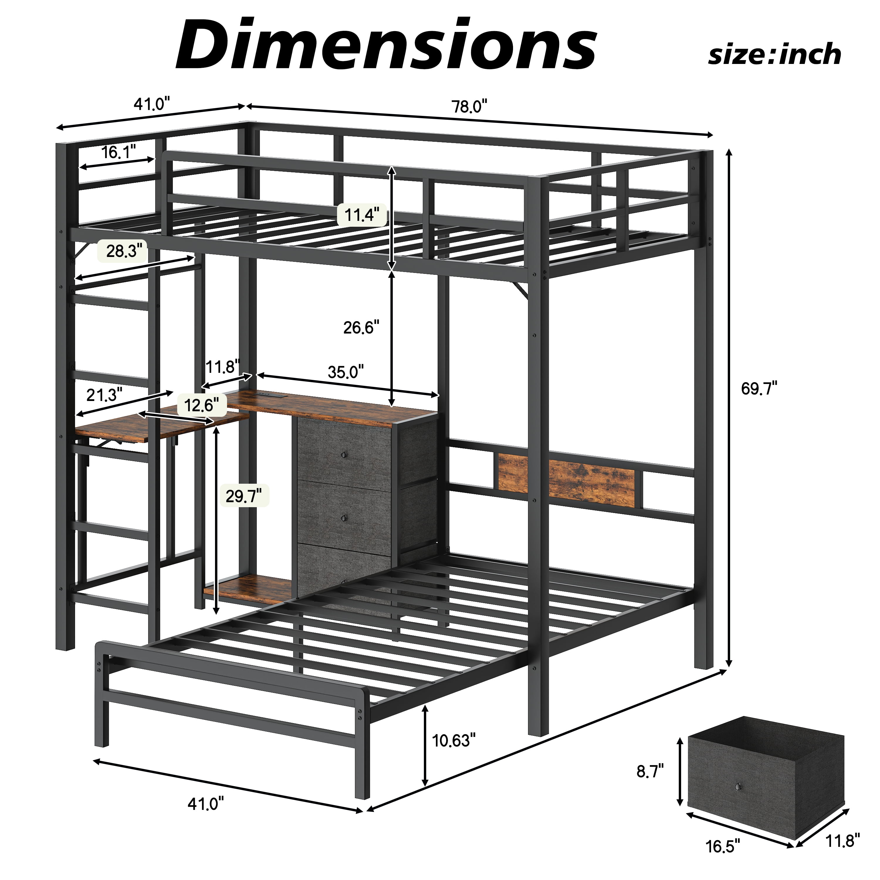 Bunk Bed with Folding Table & 3 Storage Drawers, Twin Over Twin Metal Bunk Bed with Safety Rails & Ladder, Space-Saving for All Ages, Multi-Functional, Black