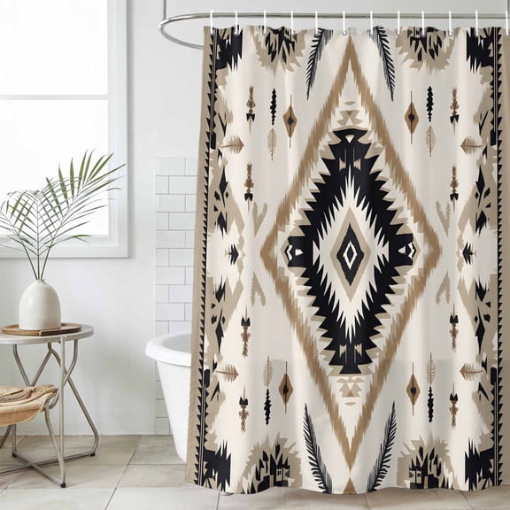 Boho Black Brown Waterproof Fabric Shower Curtain,Retro Geometric Southwestern Ethnic Waterproof Fabric Shower Curtain for Bathroom Curtains Bathtubs Shower Curtains with 12 Hooks Extra Long 72x96