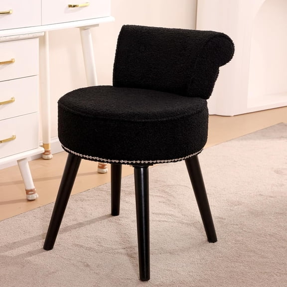 Teddy Vanity Chair with Back for Bedroom Tufted Low Back Makeup Chair with Wooden Legs, Modern Elegant Dressing Table Stool for Dressing Room and Bathroom(Black)