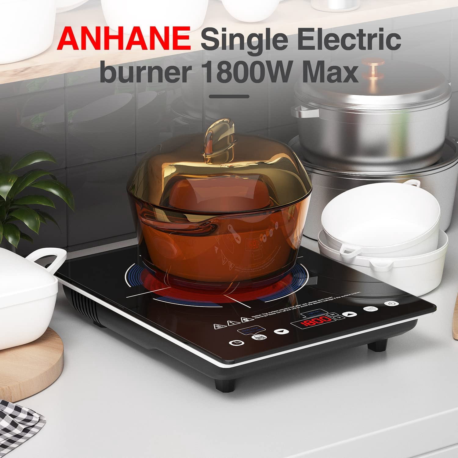 Electric Cooktop 110V, Single Burner Infrared Hot Plate 1800W, Black Crystal Glass Surface, 4-Hour Timer