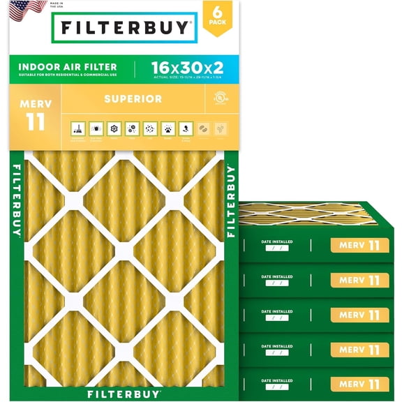 Filterbuy 16x30x2 Air Filter MERV 11 Allergy Defense, Pleated HVAC AC Furnace Filter Replacement, 6-Pack