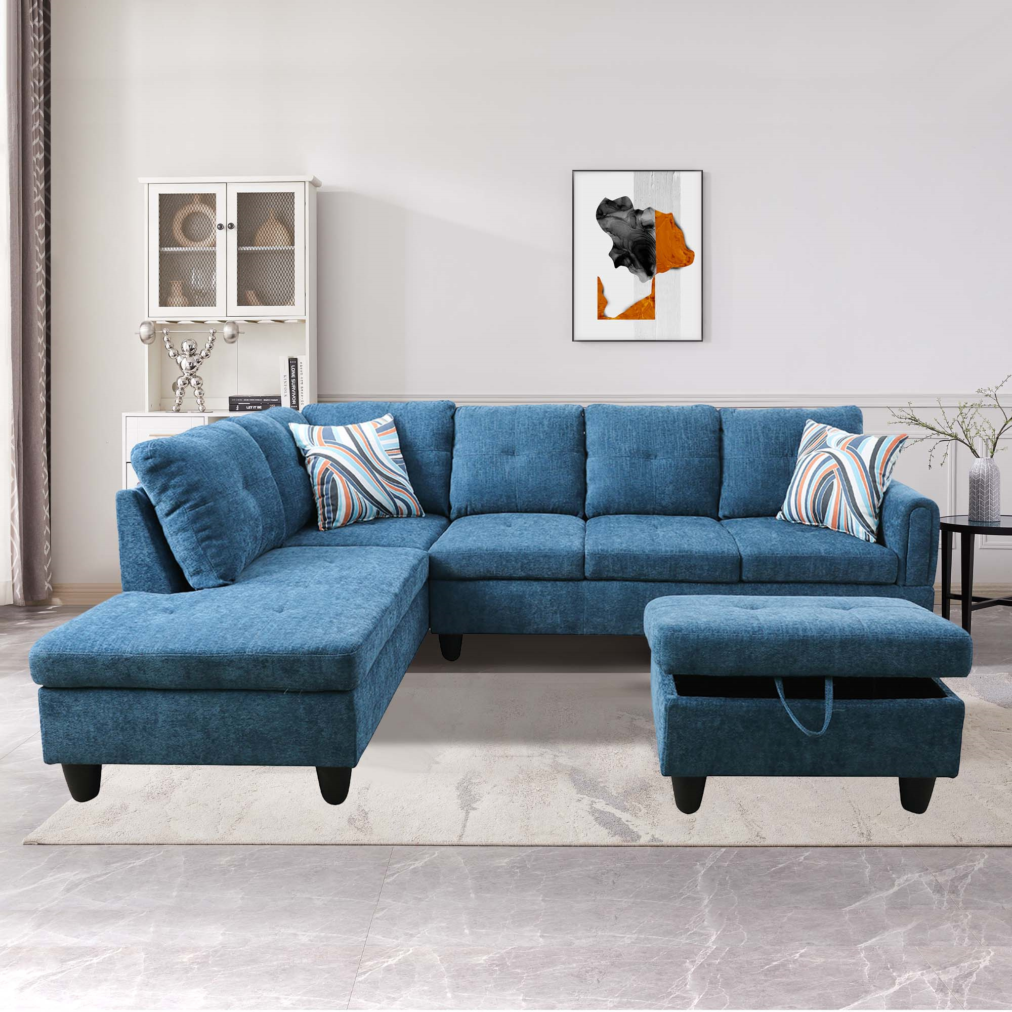 Aukfa Sectional Sofa, Living Room Couch with Storage Ottoman, Left Facing Chaise, Flannel, Blue