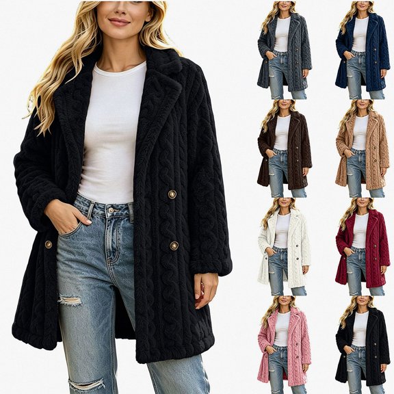 ITSAME Womens Fleece Mid Length Coat Notched Lapel Button Front Warm Winter Outerwear Jacket Black Size L