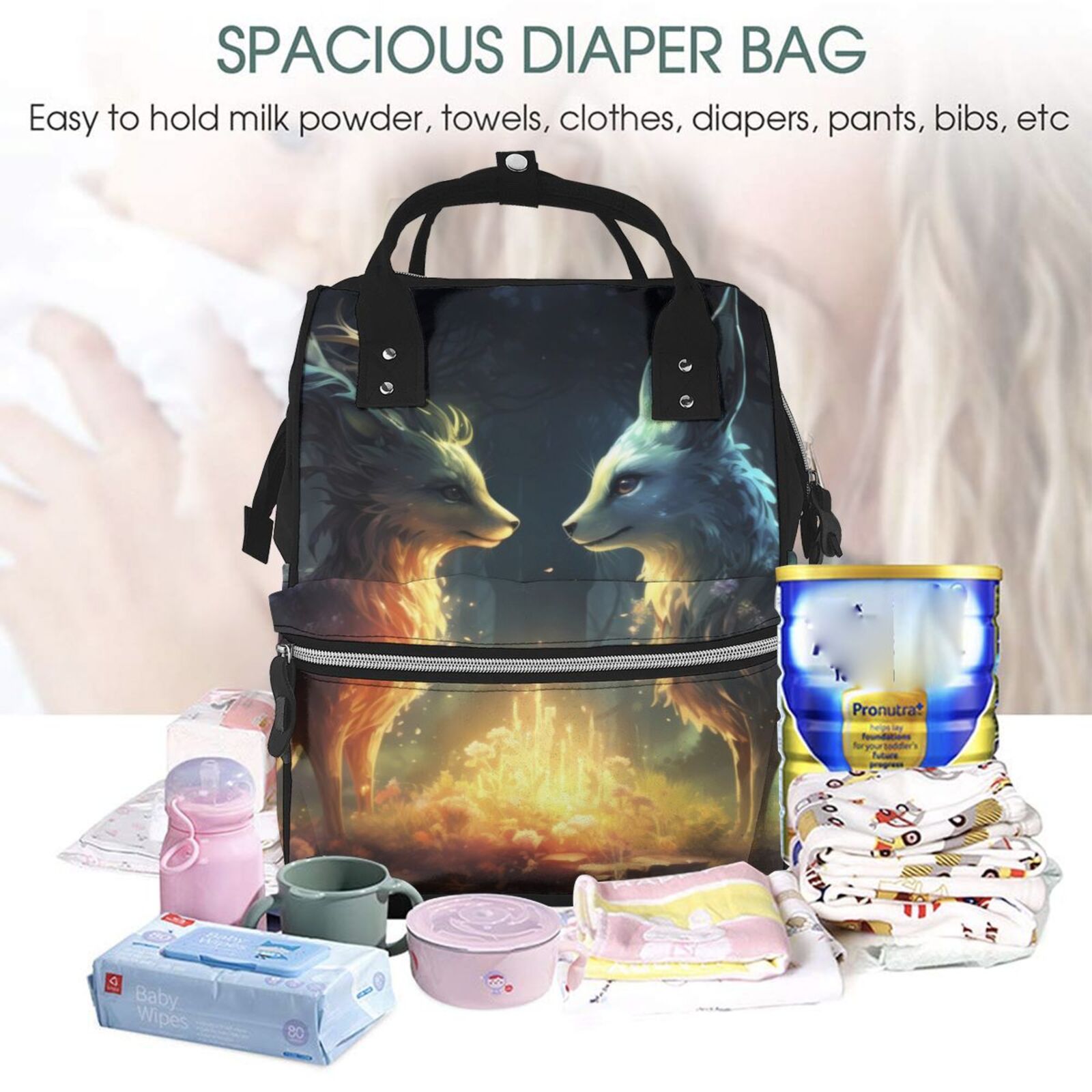 Fuzoiu Firefly Forest Fox Print Diaper Bag Backpack,Baby Essentials Travel Tote,Multi function Waterproof Diaper Bag, Travel Essentials Baby Bag - Unisex