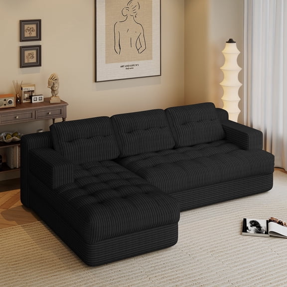 Erinnyees Boneless Cloud Couch Sectional with Chaise, Deep Seat for Small Spaces, No Assembly, Left Facing, Black