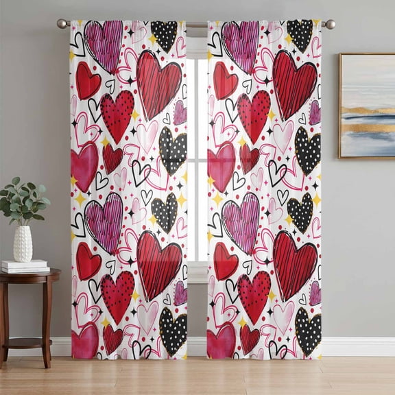 Romantic Love Sheer Curtains 96 Inch Length 2 Panels Set Window Treatments, Valentine's Day Cartoon Stars Heart Pink Red Rod Pocket Semi Curtains for Living Room/Bedroom/Kitchen Décor, 104"W x 96"L