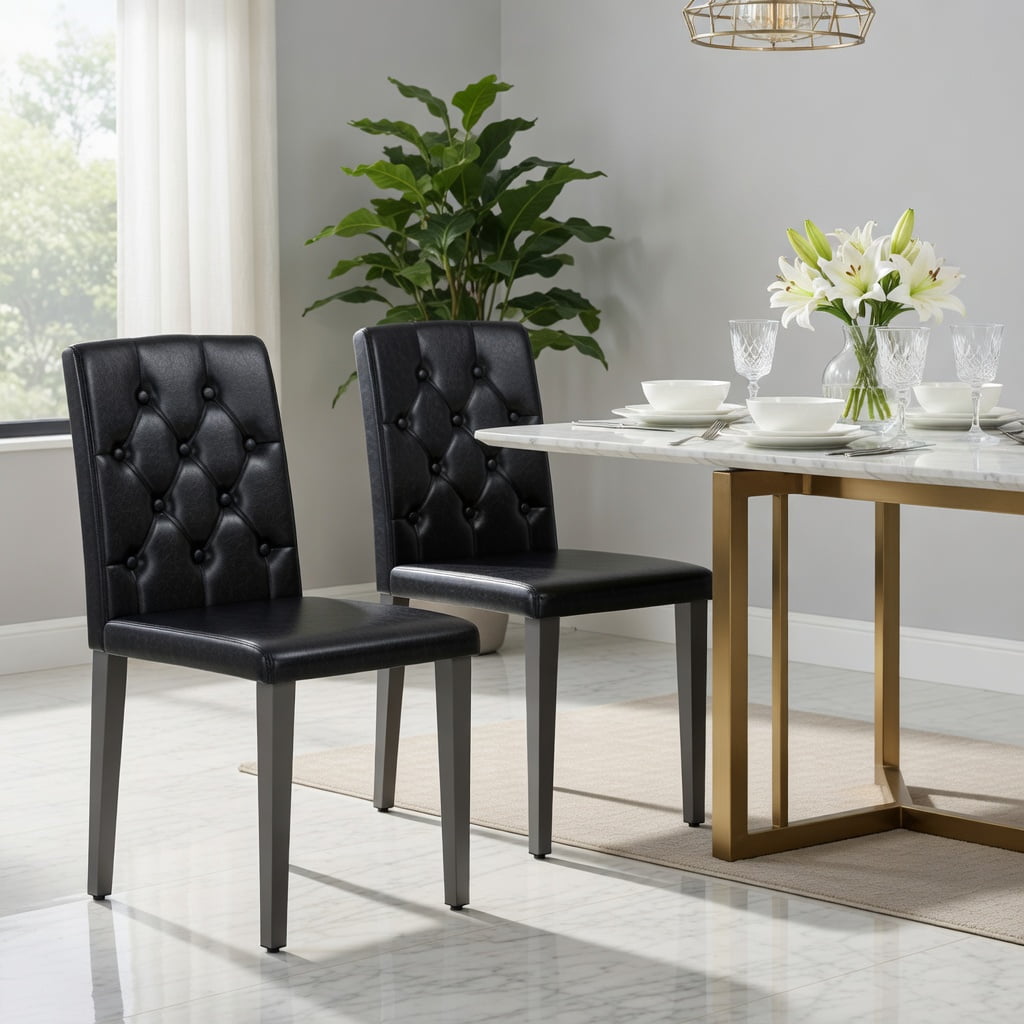 Hommoo 4-Pack PU Leather Dining Chairs with Ergonomic Buckle Backrest, 35-inch Height, Modern Minimalist Design for Dining Room, Hotel & Cafe, Black