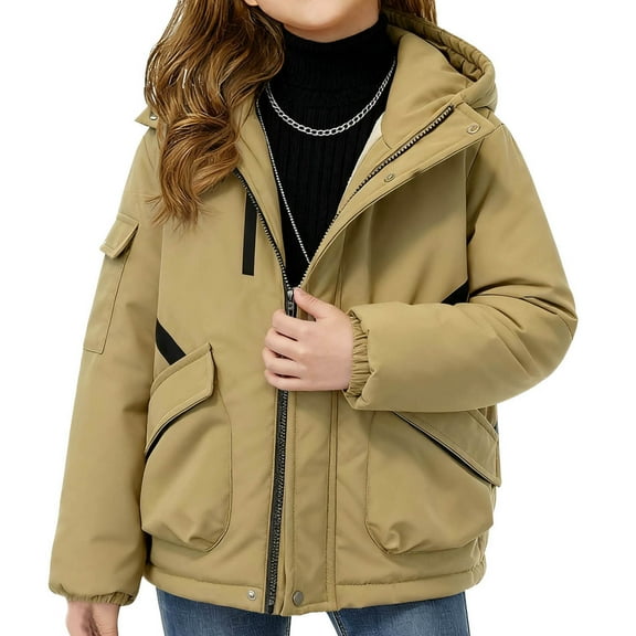 Ecqkame Girls Winter Down Coats Solid Color Hooded Zipper Heavyweight Jackets Mediun Length Casual Warm Outwear for 2-13 Years Khaki 7-8 Years