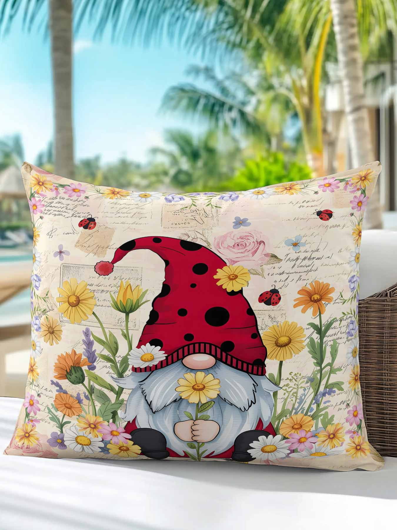 Outdoor Pillows Waterproof, Farmhouse Gnomes Bedding Throw Pillows with Insert for Couch Sofa Bed, Vintage Pastoral Daisy Floral Country 16x16 Inch Pillowcases Decorative Patio Pillow Set of 1