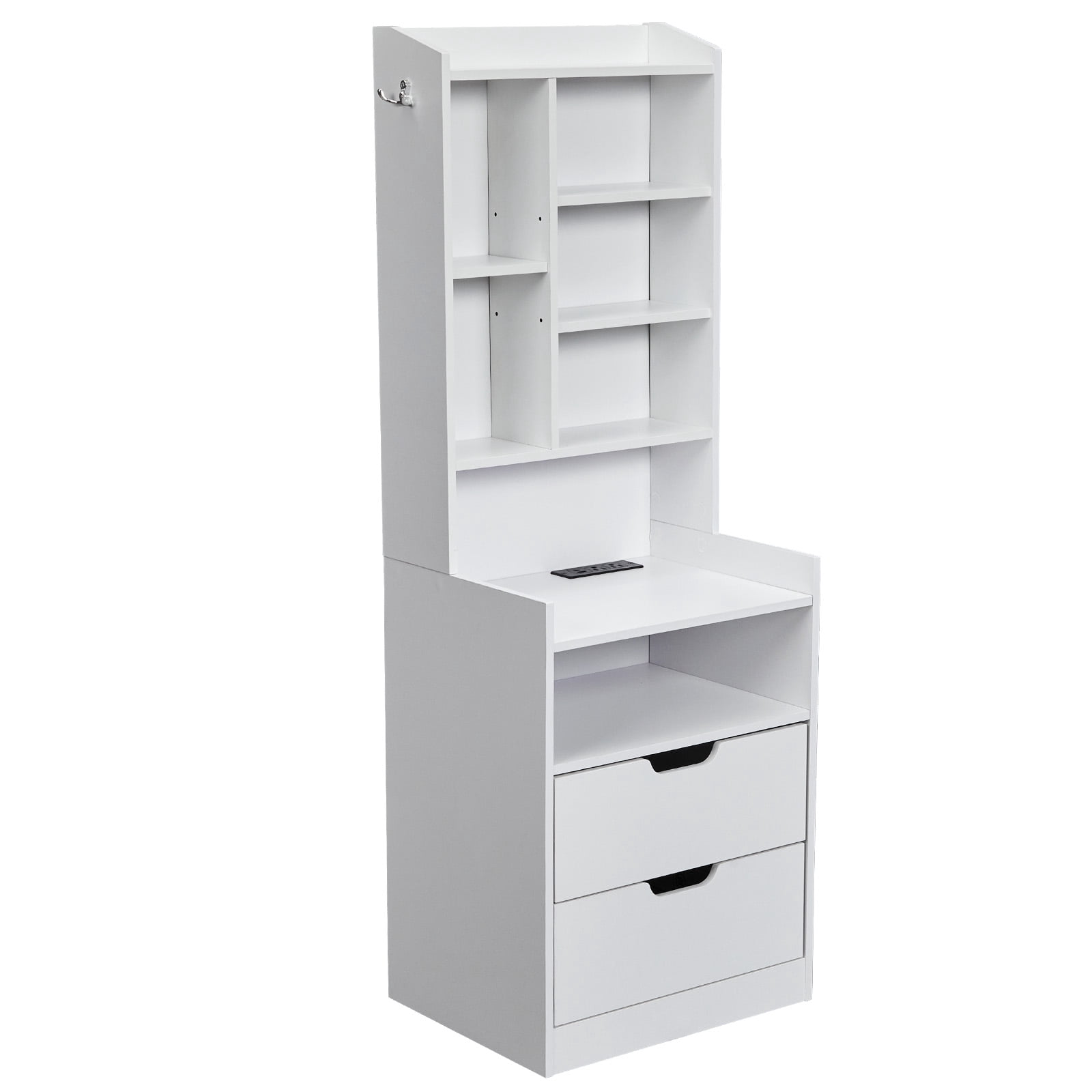 White Nightstand with Charging Station, 2 Drawers and 7 Shelves, 17.32 x 13.78 x 50 in