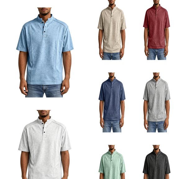 JTieacloth Men's T-Shirts Casual Button Down Stand Collar Short Sleeved Shirt T Shirt(Black,L)