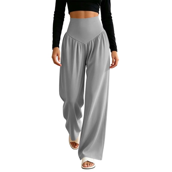 APEXFWDT Women High Waist Yoga Business Pants V‑Front Waistband Wide Leg Trousers Stretchy Casual Dress Pants for Work Daily Wear