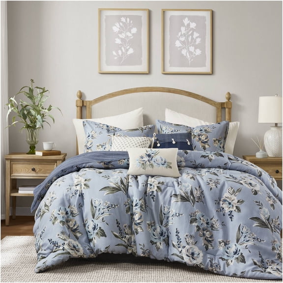 JERFIT Queen Vintage Floral Comforter Set 7-Piece Blue Cotton Blend Reversible Bedding with Ruffled Bed Skirt