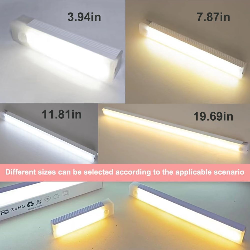 Punch-Free Smart Sensor Magnetic Rechargeable LED Lights,3.93/7.87/11.81/19.68 Inch Under Cabinet Lighting with Motion Sensor,Wireless,Cool White & Warm White for Kitchen,Stairs,Wardrobe
