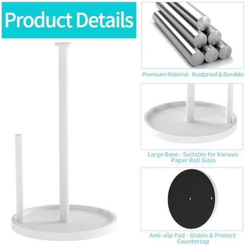 Paper Towel Holder Countertop, Standing Paper Roll Holder with Anti Slip Weighted Base, Stainless Steel Freestanding Paper Towel Holder for Kitchen, White