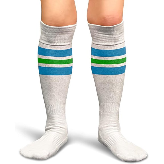 Couver White Triple Stripes Baseball Softball Athletic Tube Knee High Socks, Sky Blue / Bright Green Medium