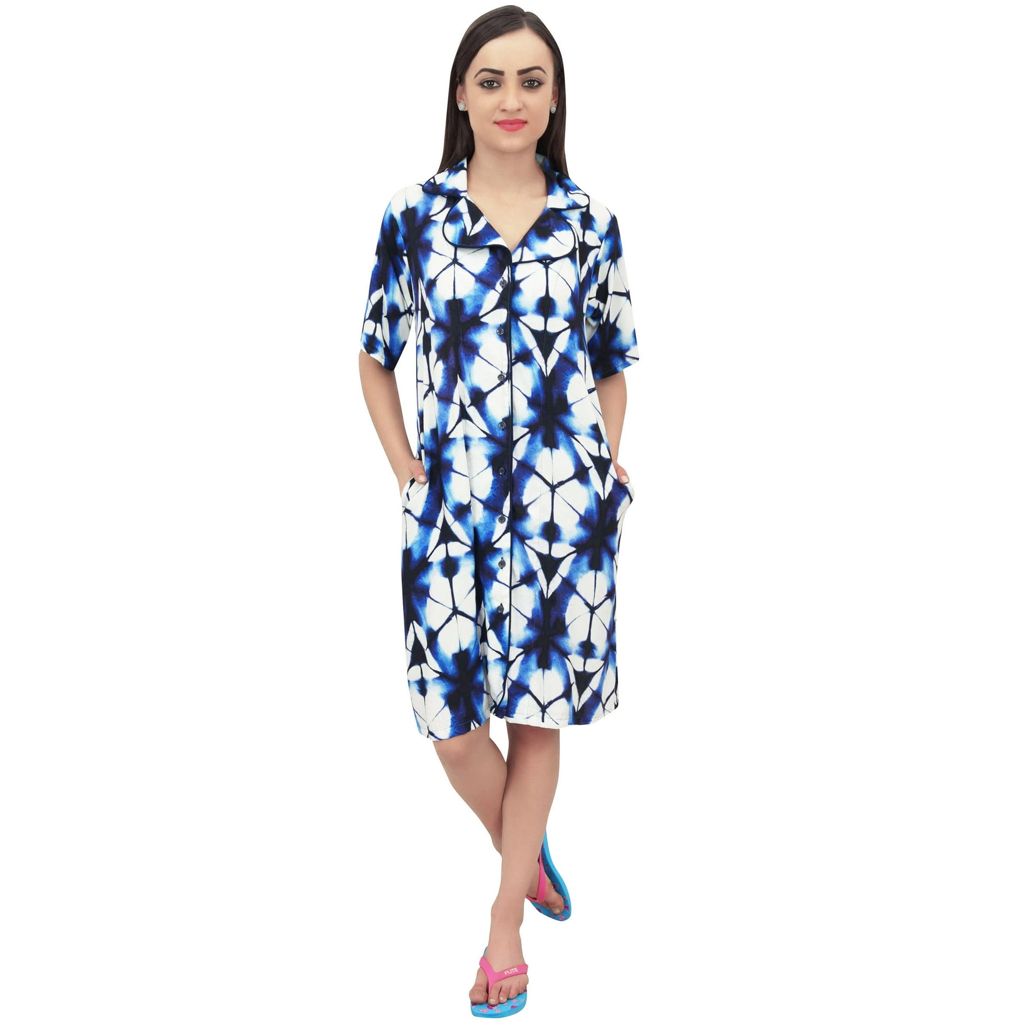 Bimba Women's Geometric Print Sleepshirt - Short Sleeve Nightwear Dress With Pockets
