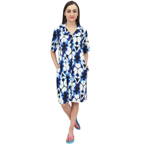 Bimba Women Rayon Blue Sleepshirt Short Sleeve Geometric Print Sleepwear Dress - 18