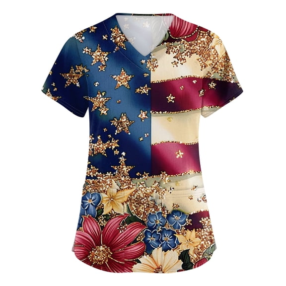 Evdexr Womens 250 Anniversary Usa Scrubs 4th Of July V Neck Scrub Tops 1776 2026 Short Sleeve Stars and Stripes Nursing Uniforms Plus Size Shirts with Pockets Red M