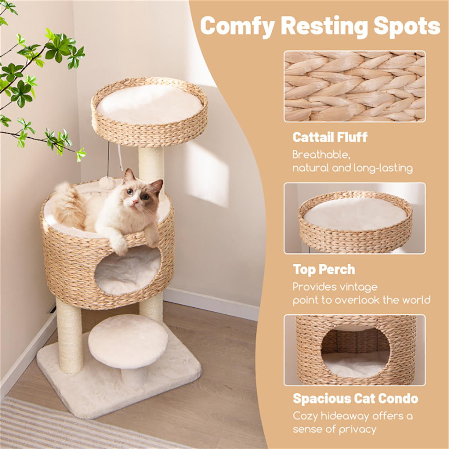 Kadyn 41" Modern Cat Tree with Toy, Cat Tower Condo for Indoor Cats with Cattail Fluff Condos, Sisal Scratching Posts and Top Perch, Beige
