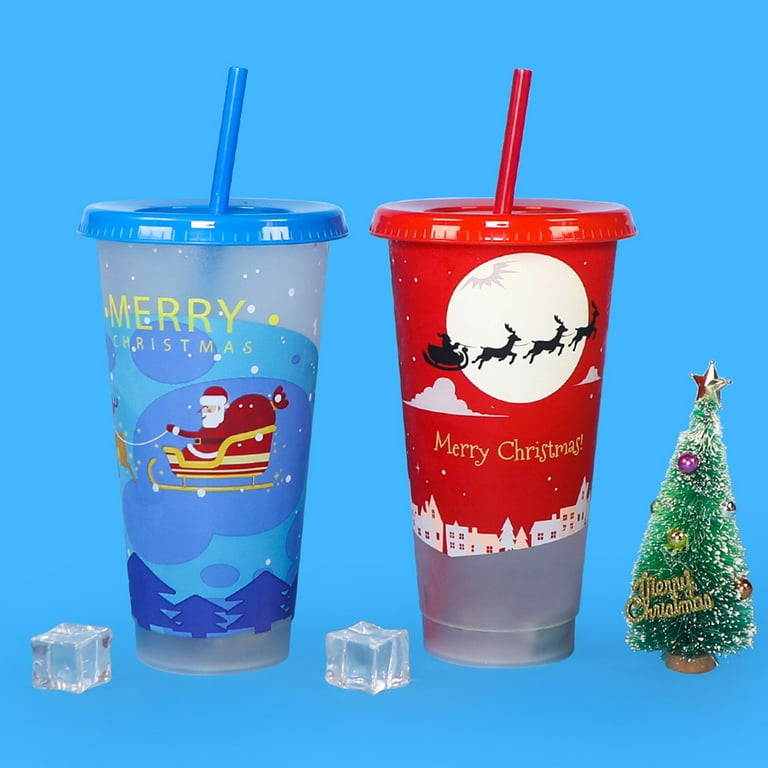 Christmas Feliz Navidad Plastic Cups With Lids And Swirled Straws