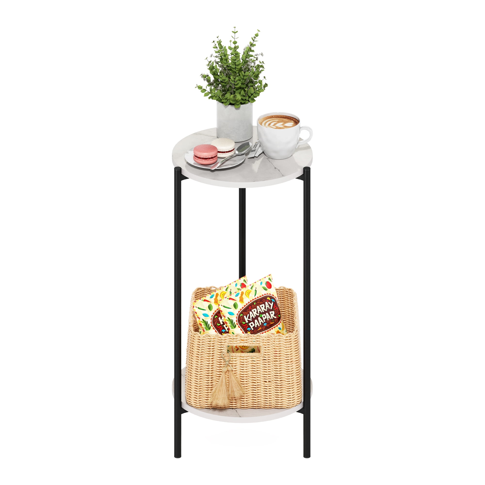 Furinno Besi 2-Tier Modern Tall Round Side End Table with Sturdy Metal Legs, Marble White