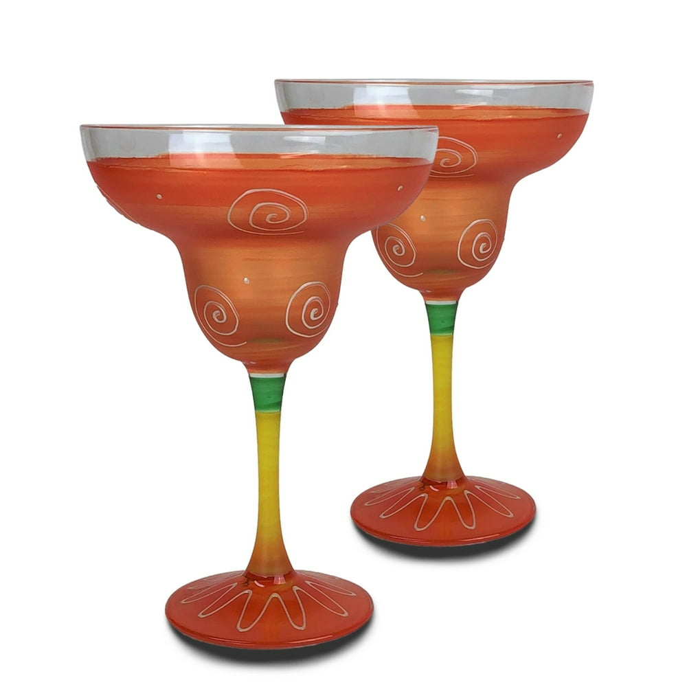 Set of 2 Orange and Yellow Contemporary Hand Painted Wine Glasses 12 oz