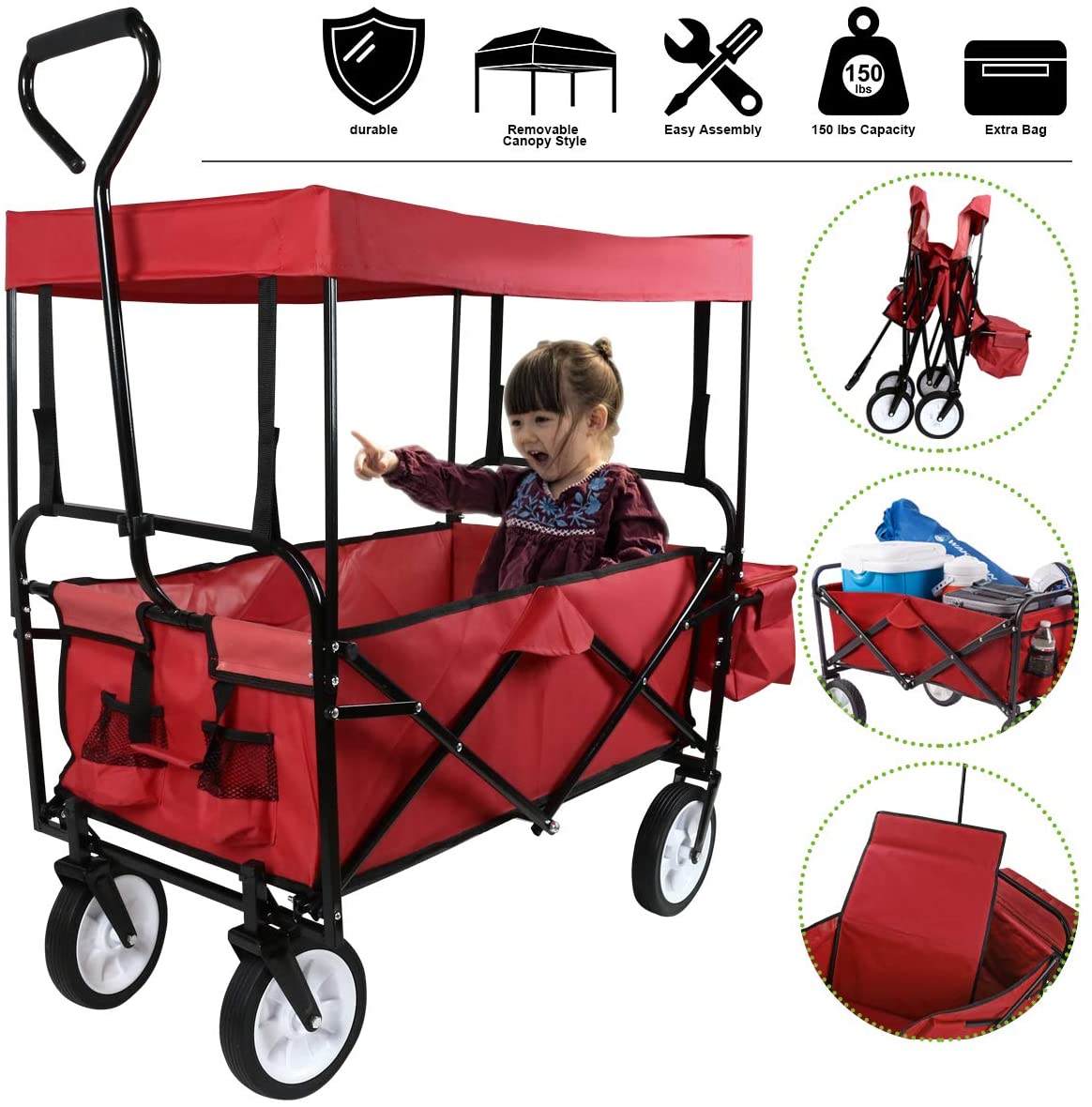 Collapsible Folding Wagon with Straps Utility Cart, Portable