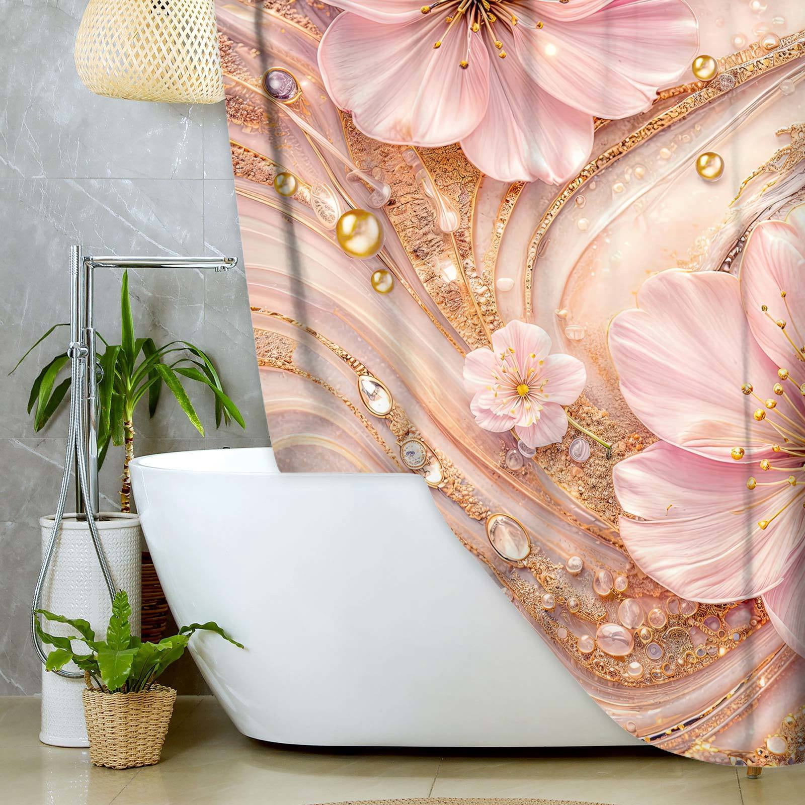Peach Luxury Marble Shower Curtain, Cherry Blossom Gold Glitter Floral Bathroom Decor, Modern Abstract Watercolor Bath Curtain, Waterproof Polyester Fabric with Hooks for Bathroom Decor,70X75in
