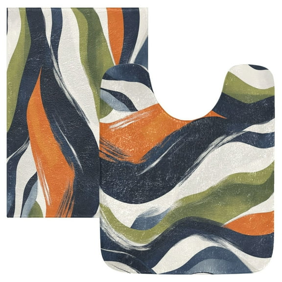 2 Piece Soft Bathroom Rug Set Navy Blue Abstract Pattern Bath Mat and U-Shaped Toilet Contour Rug (16"x24" 20"x24")