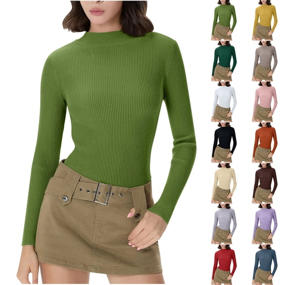 Nmnitkp Women's Turtleneck Long Sleeve Shirts Thermal Underwear Tops Basic Slim Fit Fall Fashion Lightweight Top Army Green L