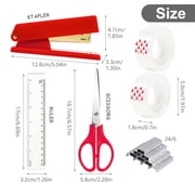 Red Desk Accessories 9 Pcs, Stapler, Staple Remover, Staples, Tape Dispenser, Tape, Clips Set, Scissor, Ruler, Red Office Supplies