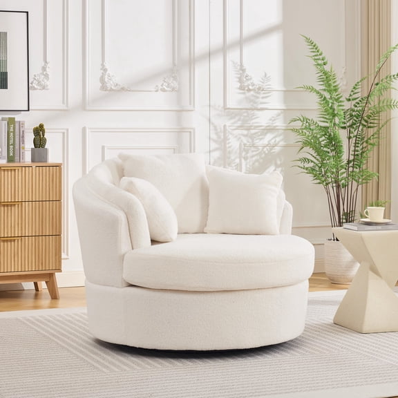 BRILHAMEZ Modern Oversized 360° Swivel Accent Chair, Lambswool Fabric Round Cuddle Chair Single Sofa Lounge Chair for Living Room, White