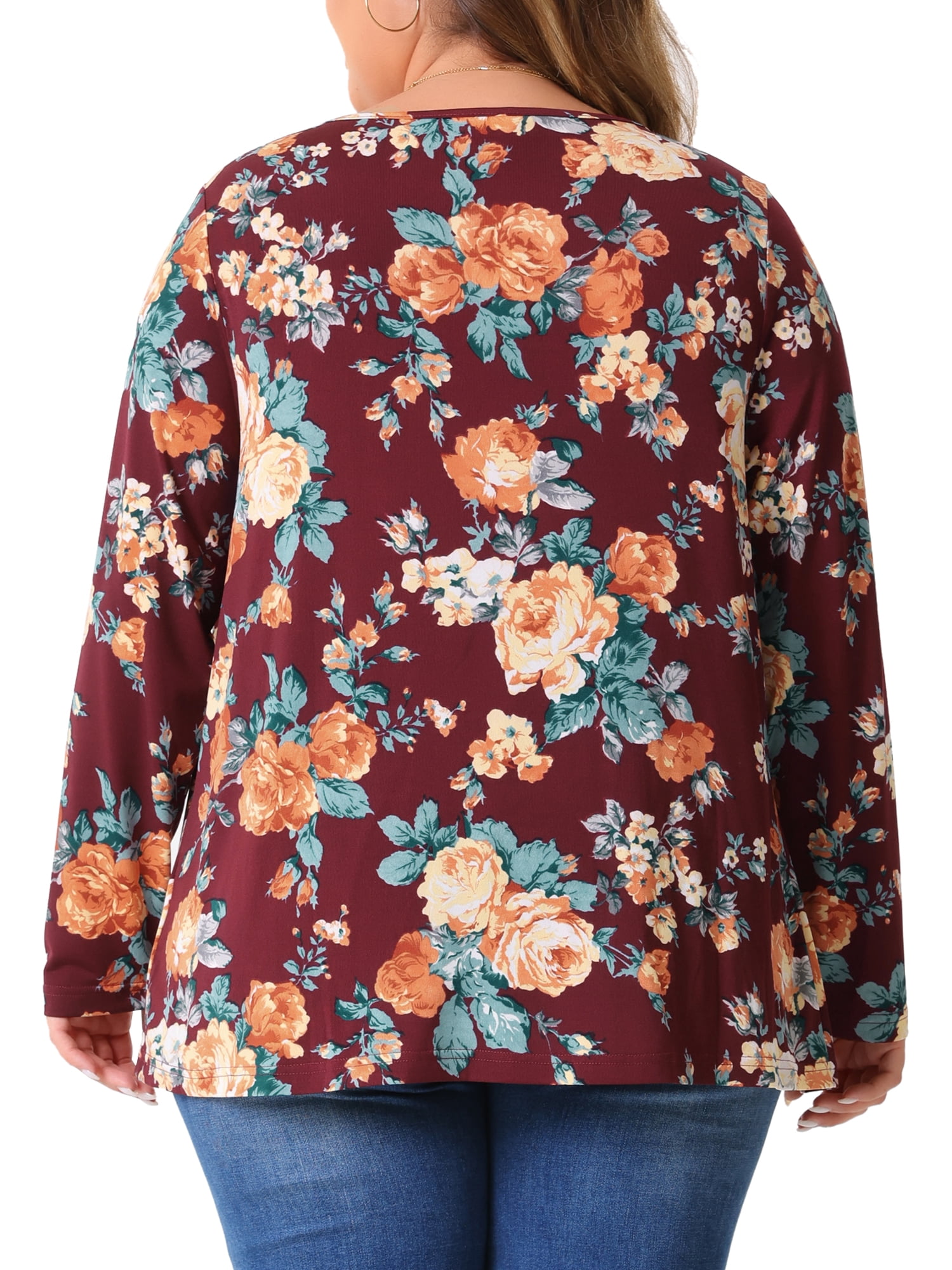 DARING DIVA Women's Plus Size Floral Long Sleeve Pleated Crew Neck Blouse 1X Burgundy