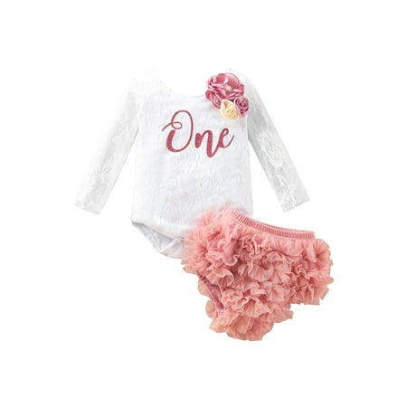 

Licupiee 2pcs Baby Girls First Birthday Clothes Sets One Letter FFloral Lace Long Sleeve Romper+Ruffles Shorts 0-24M