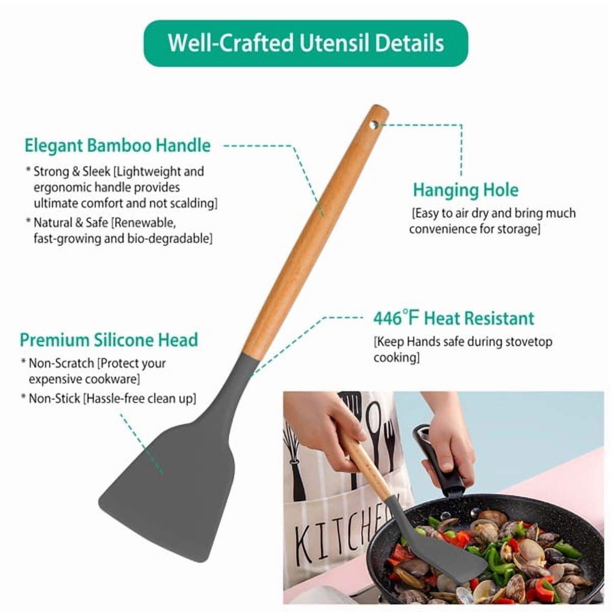 11Pcs Silicone Cooking Utensil Set Heat Resist Wooden Handle Silicone Spatula Ladle Spaghetti Server Tongs Spoon Egg whisk Kitchenware Set w/ Holder Grey